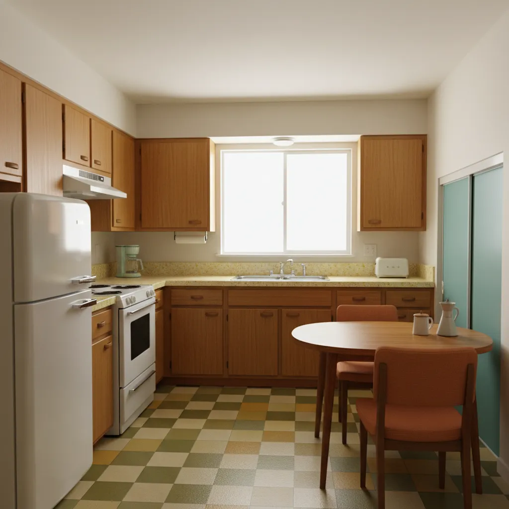 1960s mid century kitchen layout with compact cabinets and small appliances