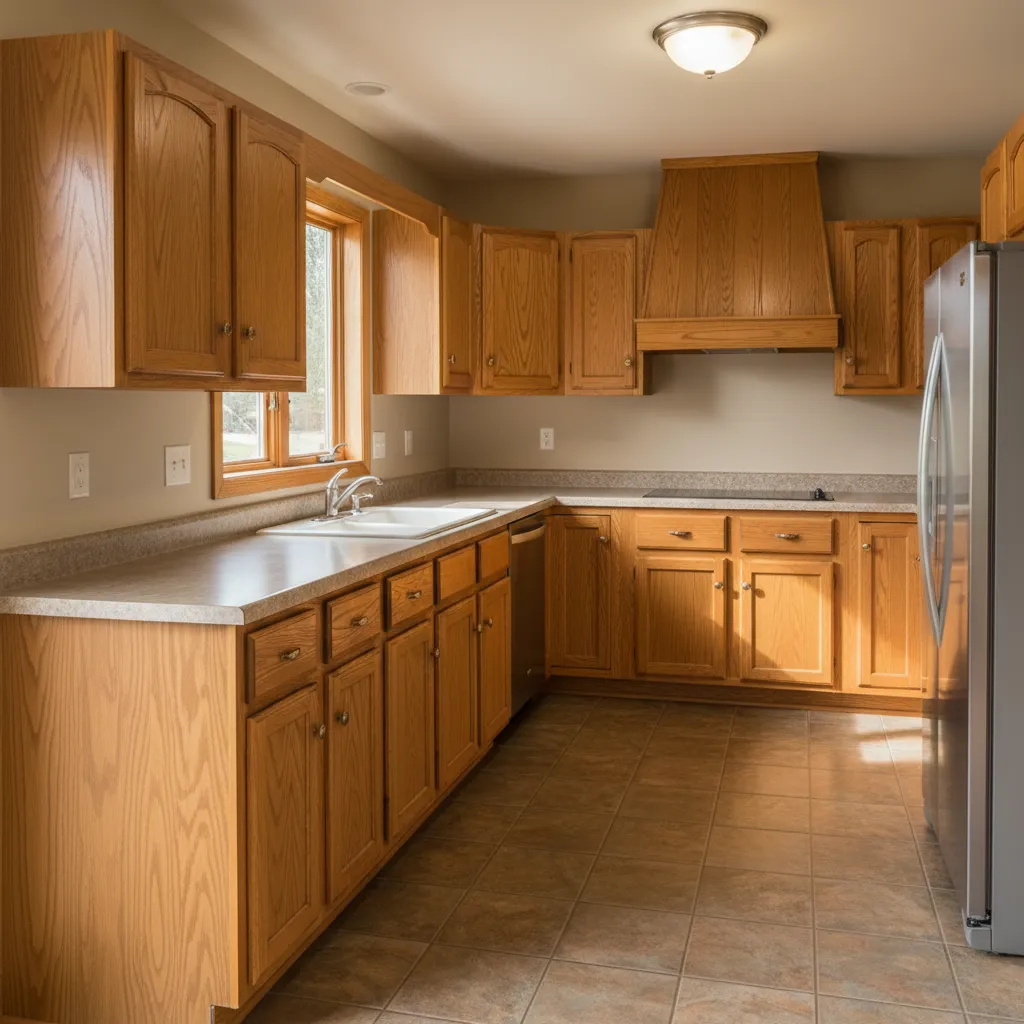 traditional kitchen with original honey oak cabinets before renovation
