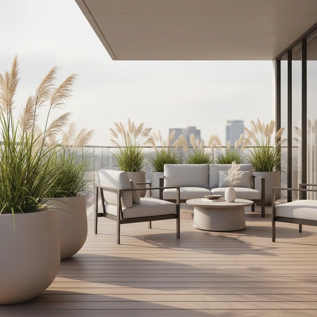 Ornamental grasses in containers swaying on windy balcony