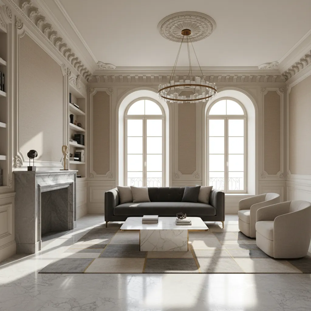 Classic living room with grey sofa marble coffee table fireplace wall panels and ceiling light