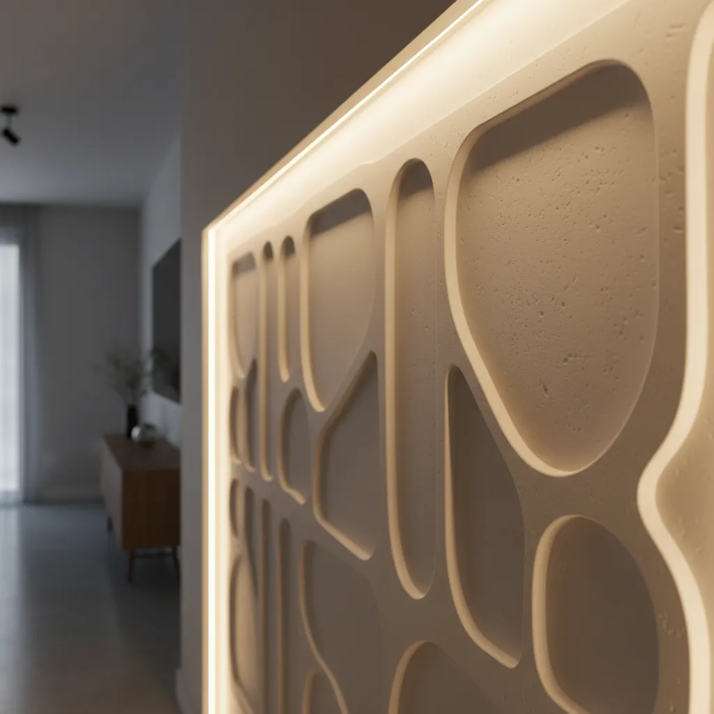 Modern white wall panel with organic shapes and warm lighting showing a blurred living room