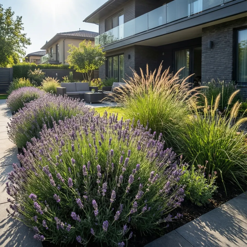 Plantas ornamentales como lavanda y gramíneas en un jardín frontal moderno