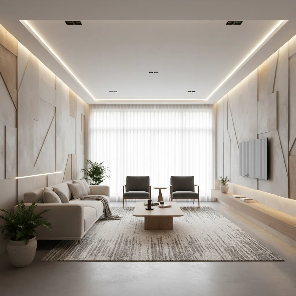 Modern living room with beige sofa wood coffee table geometric wall panels television and lighting