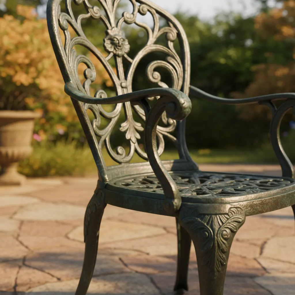 Close view of ornate bronze patio furniture with decorative casting