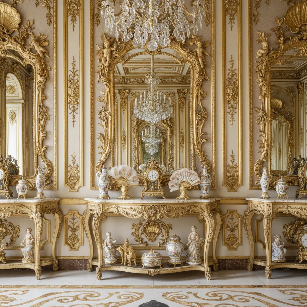 Collection of ornate Rococo decor including gilded mirrors frames and chandeliers