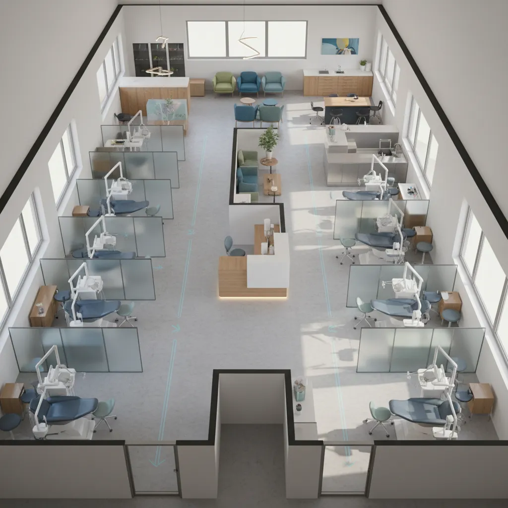 Orthodontic clinic layout demonstrating clear patient flow from reception to treatment chairs
