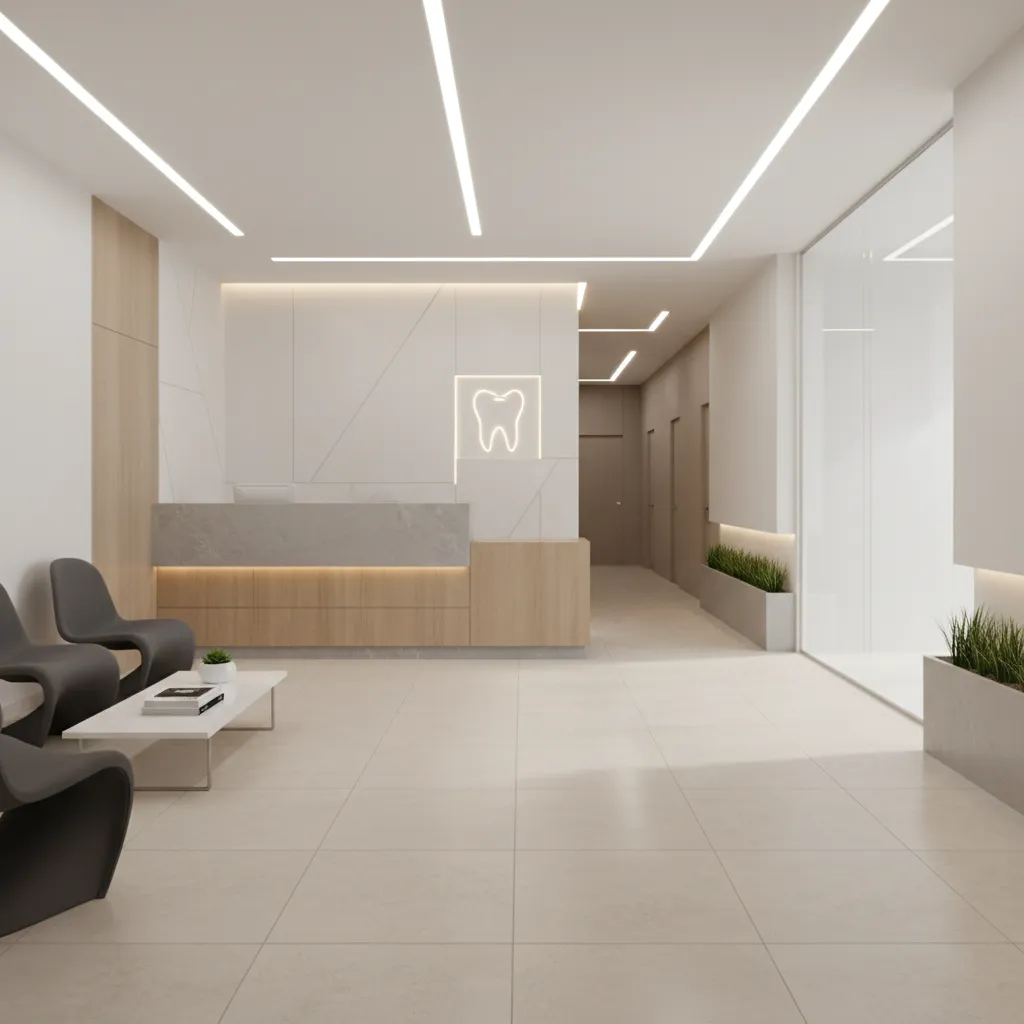 Orthodontic clinic showing reception area connected to treatment corridor