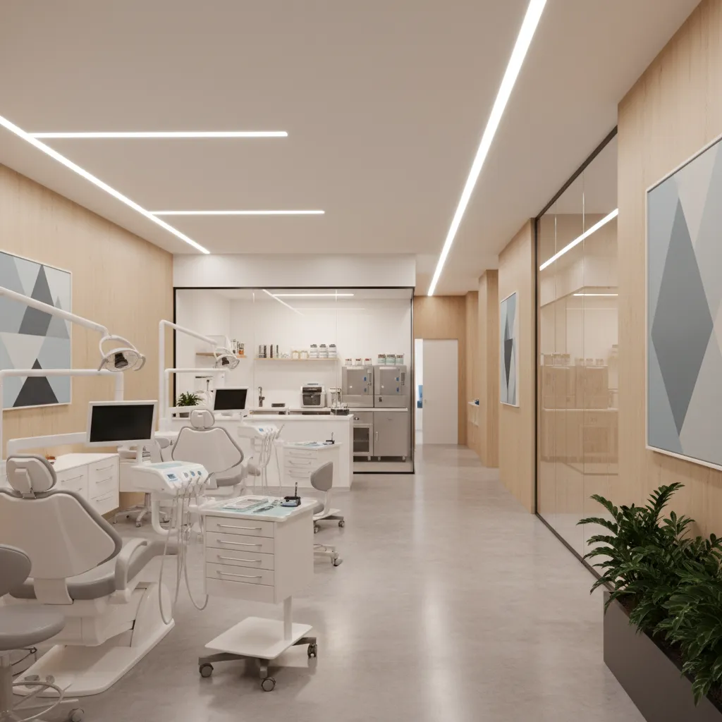 Orthodontic clinic layout showing staff circulation path behind treatment chairs