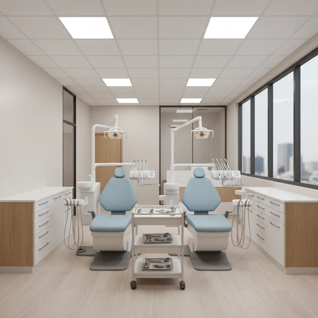Small orthodontic clinic treatment area with chairs arranged efficiently