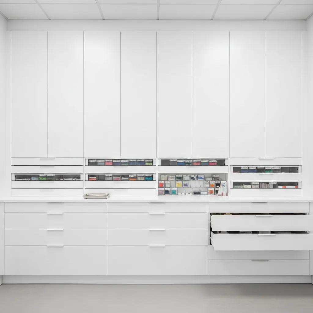 Vertical storage cabinets for orthodontic supplies in clinic