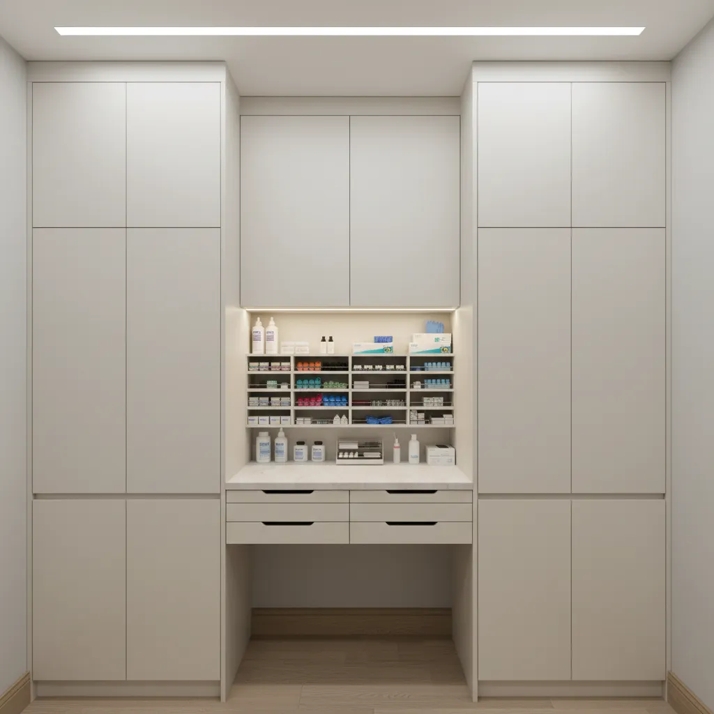 Orthodontic clinic wall mounted storage cabinets maximizing vertical space