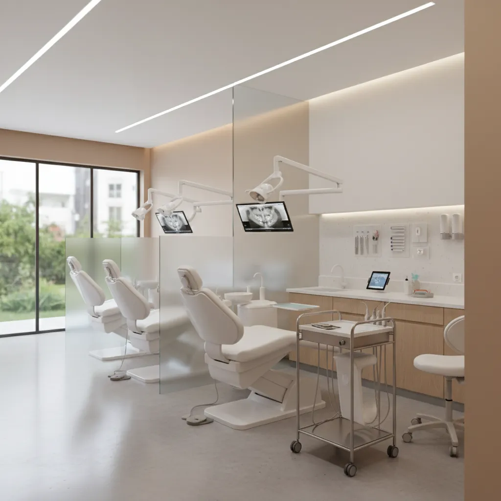 Orthodontic treatment chairs with nearby scanner and equipment arranged efficiently