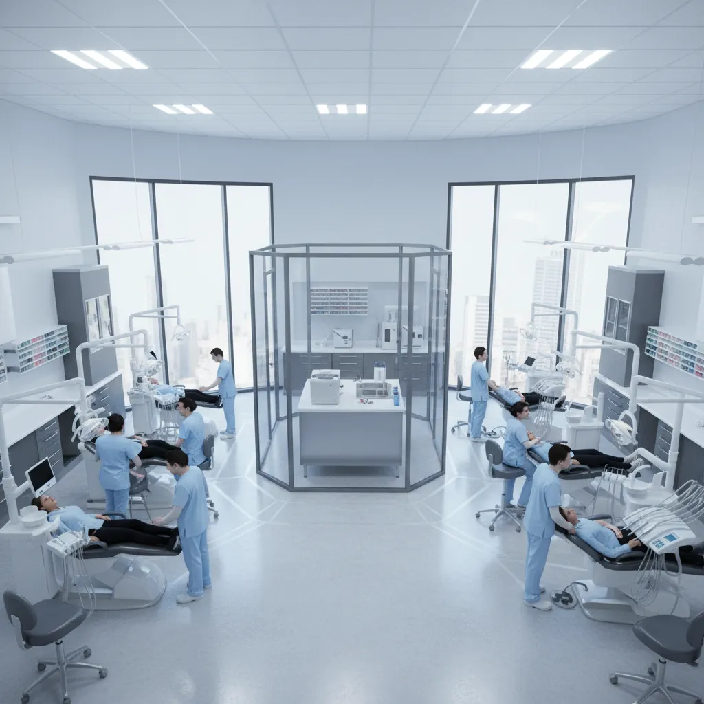 Orthodontic open bay chair arrangement showing assistant circulation space