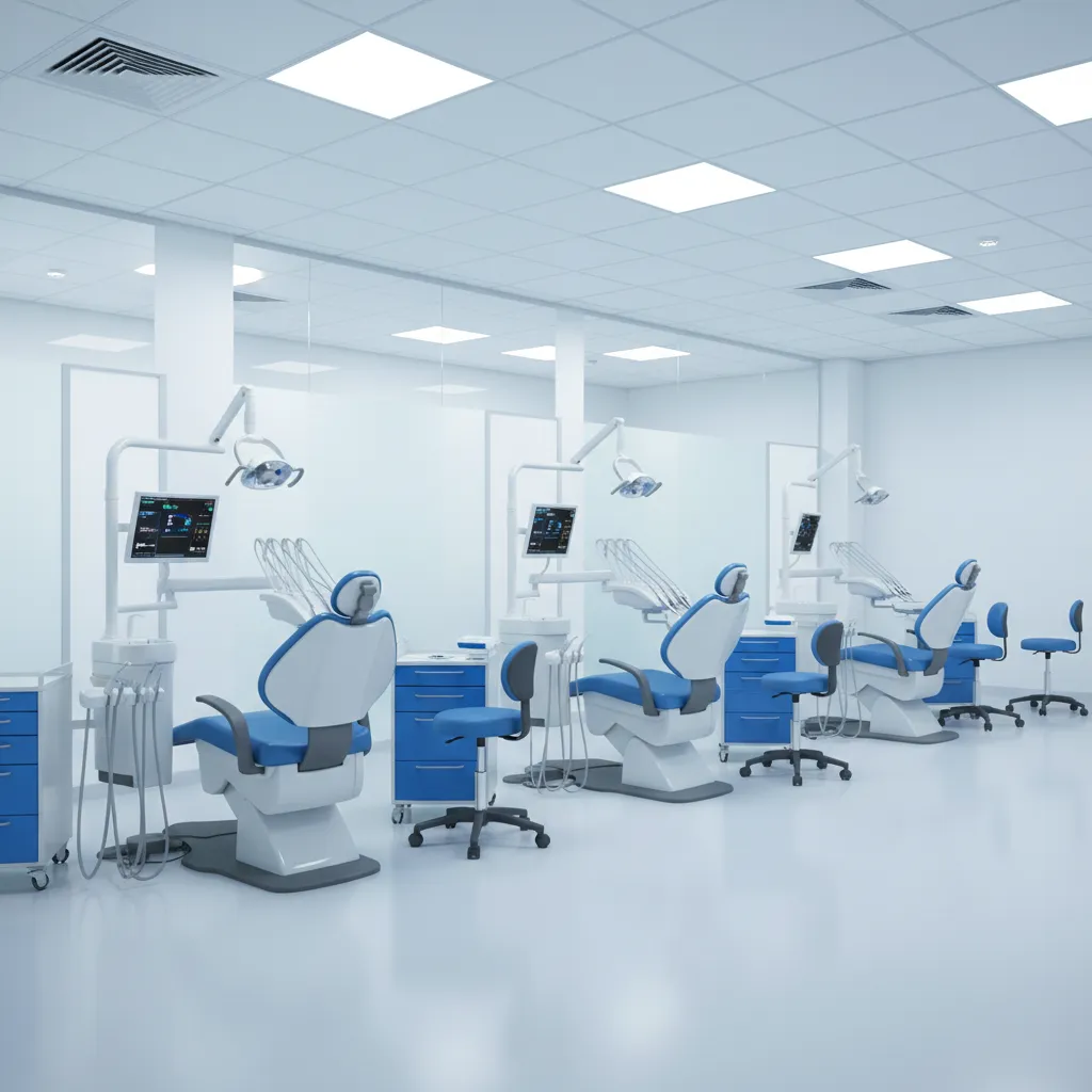 orthodontic clinic interior with open treatment bays and multiple dental chairs