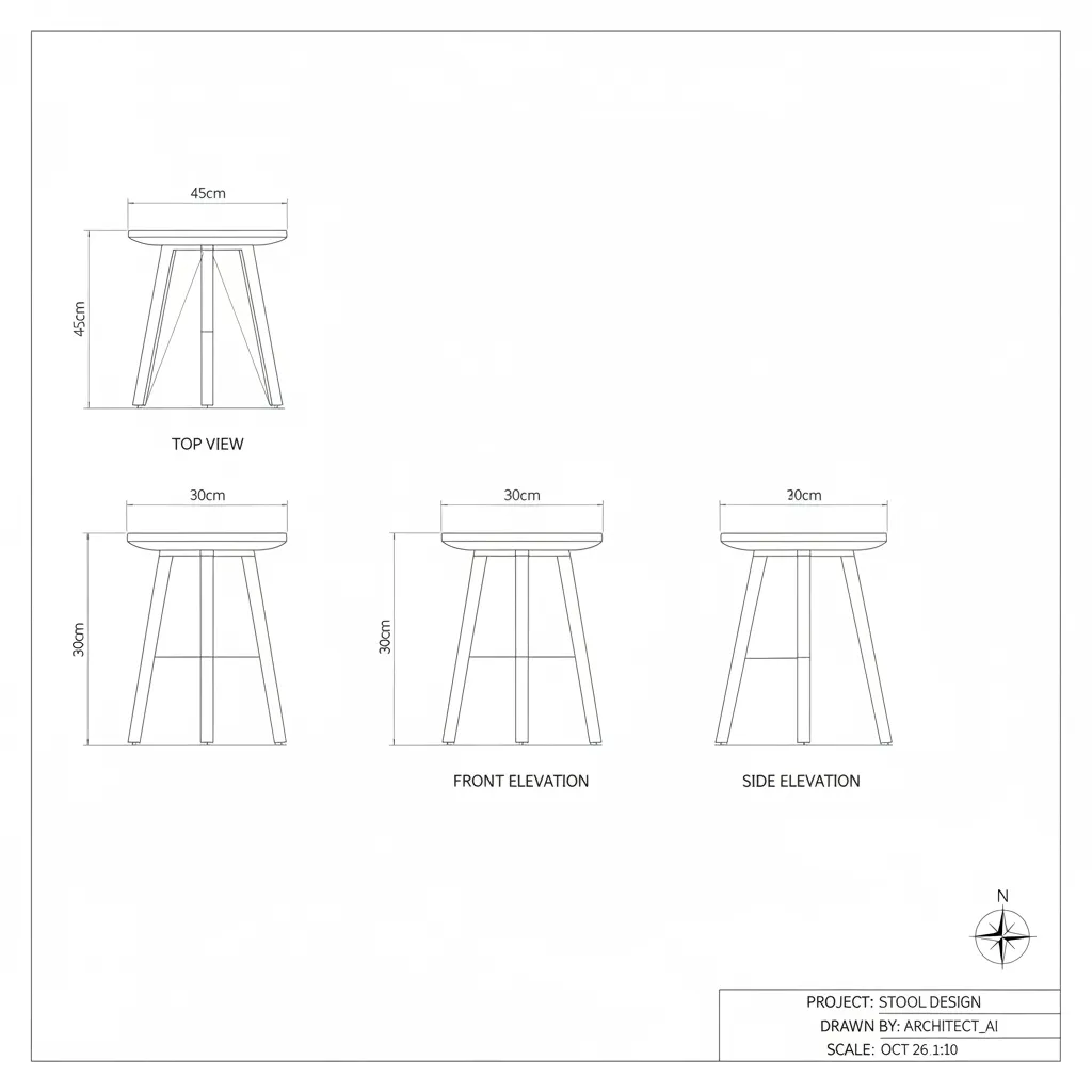 orthographic projection technical drawing showing front top and side views