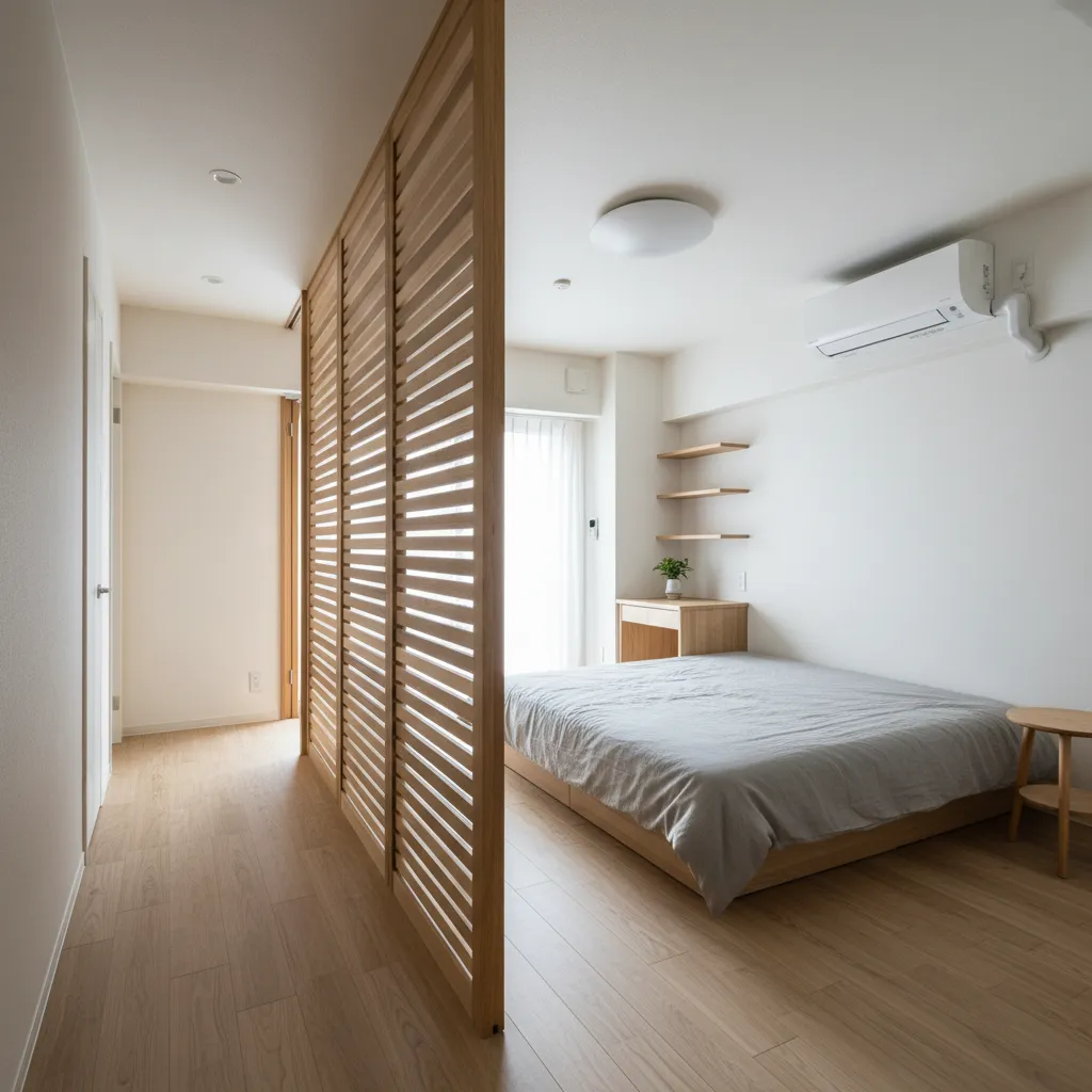 天井を傷つけない突っ張り式で大阪賃貸でも安心の動線規画