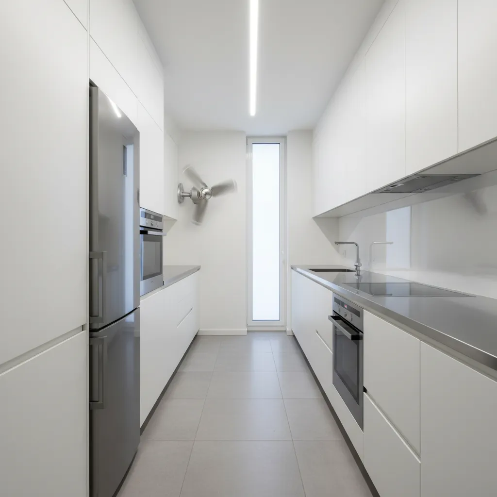 Oscillating wall fan installed in narrow galley kitchen