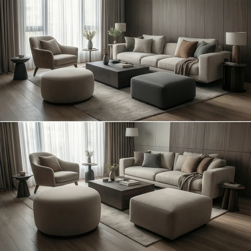 Round square and rectangular ottoman shapes beside a chair