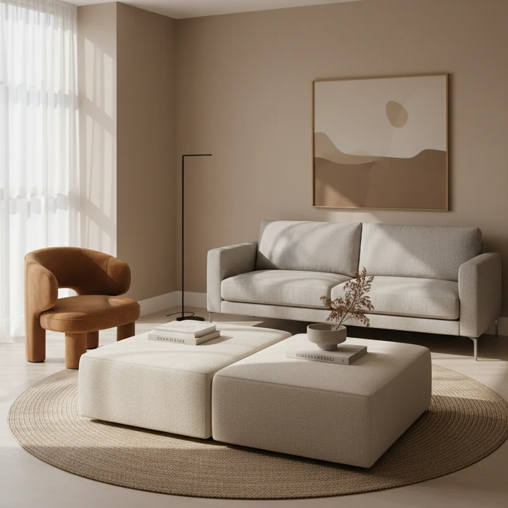Living room using ottomans as flexible seating and coffee table