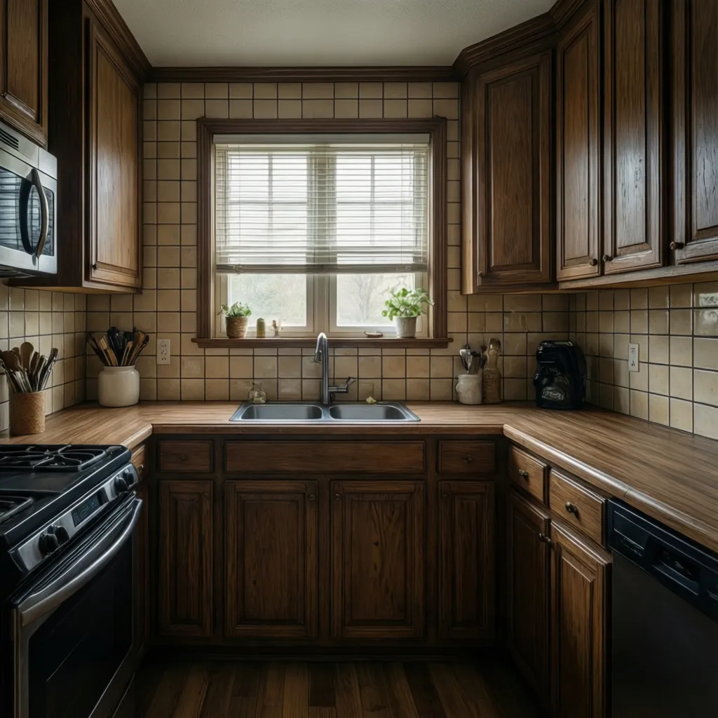 Outdated beige kitchen tile backsplash with dark grout