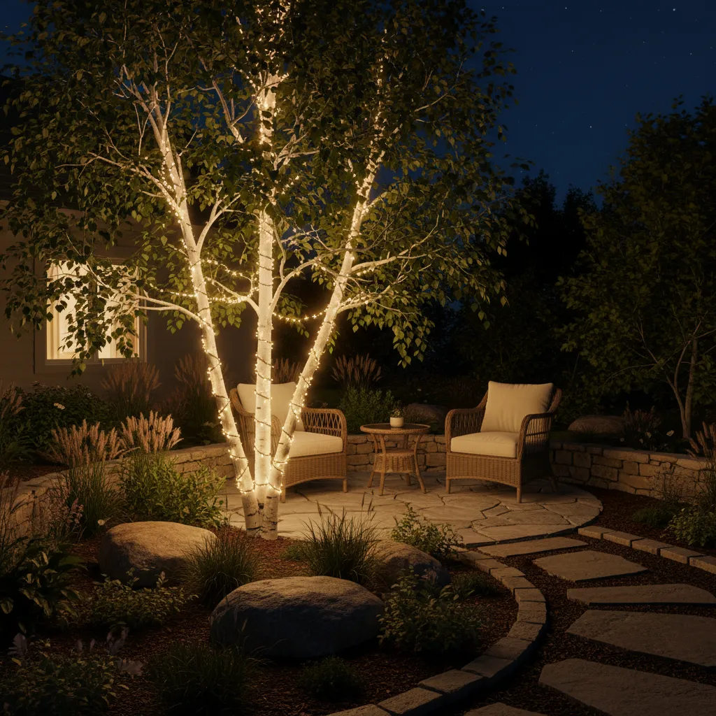 Decorative outdoor birch tree wrapped with warm white string lights in a backyard