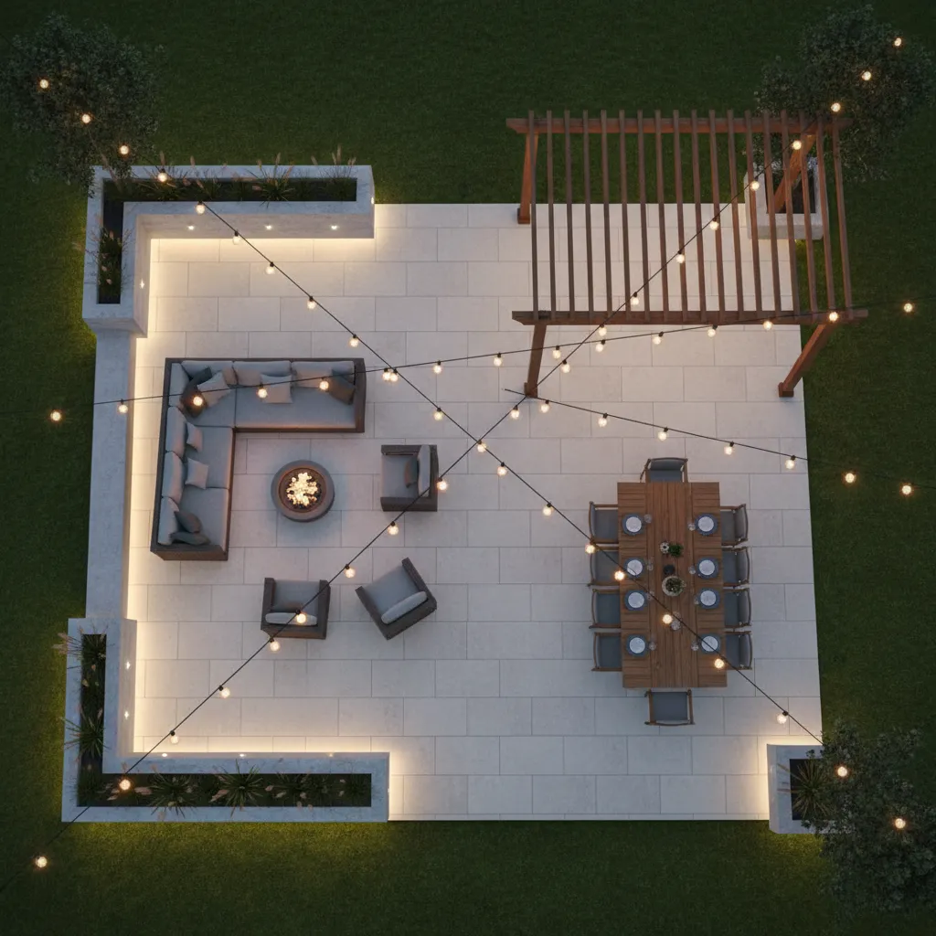 Outdoor patio lighting layout plan with bistro string lights across seating area