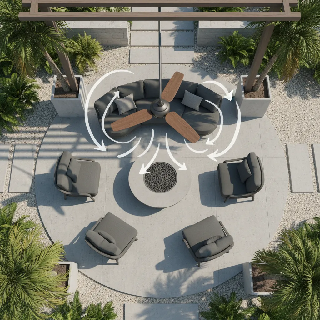 Outdoor patio ceiling fan positioned for optimal airflow coverage