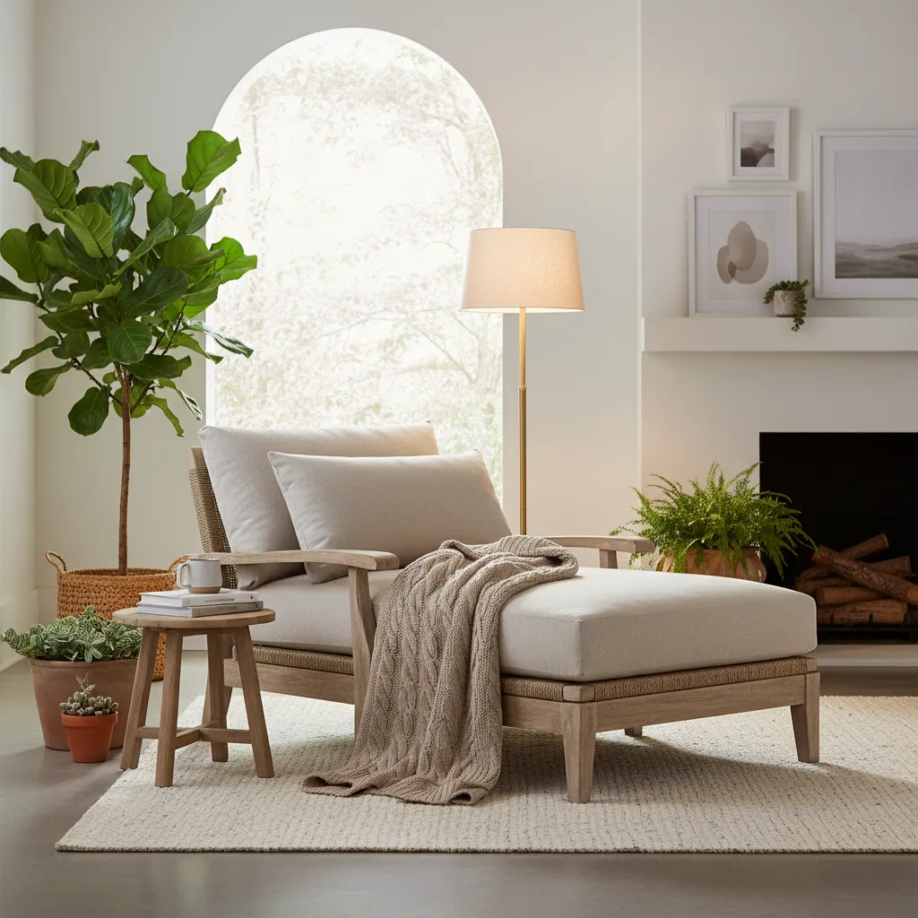 outdoor lounge chair with layered cushions and indoor textiles