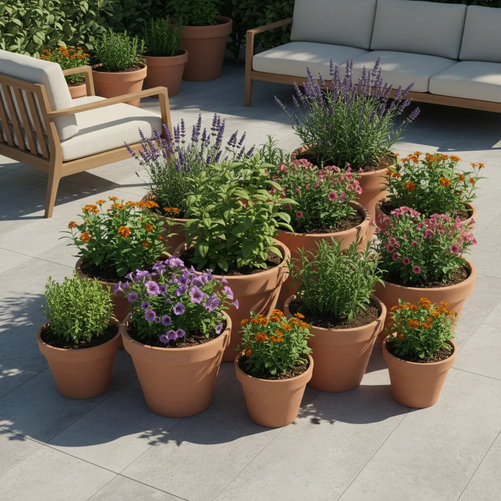 Outdoor container garden on patio with various plants and potting soil visible