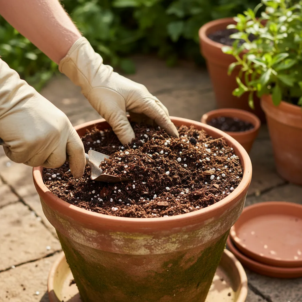 Close view of loose potting soil in an outdoor container garden