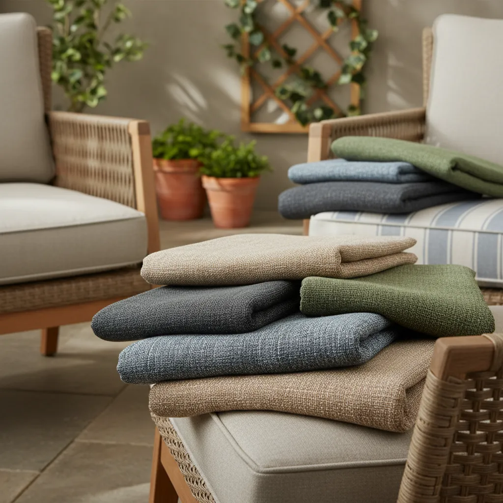Different outdoor cushion fabrics including polyester, canvas, and acrylic textures