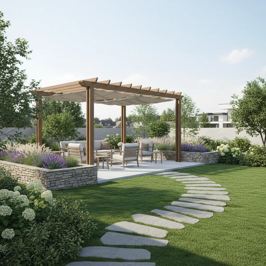 3D backyard landscape design preview with patio furniture garden beds and pergola