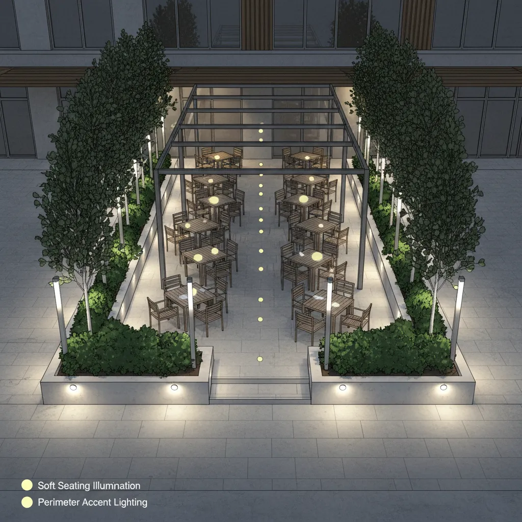 Outdoor restaurant lighting layout showing lights placed away from seating areas