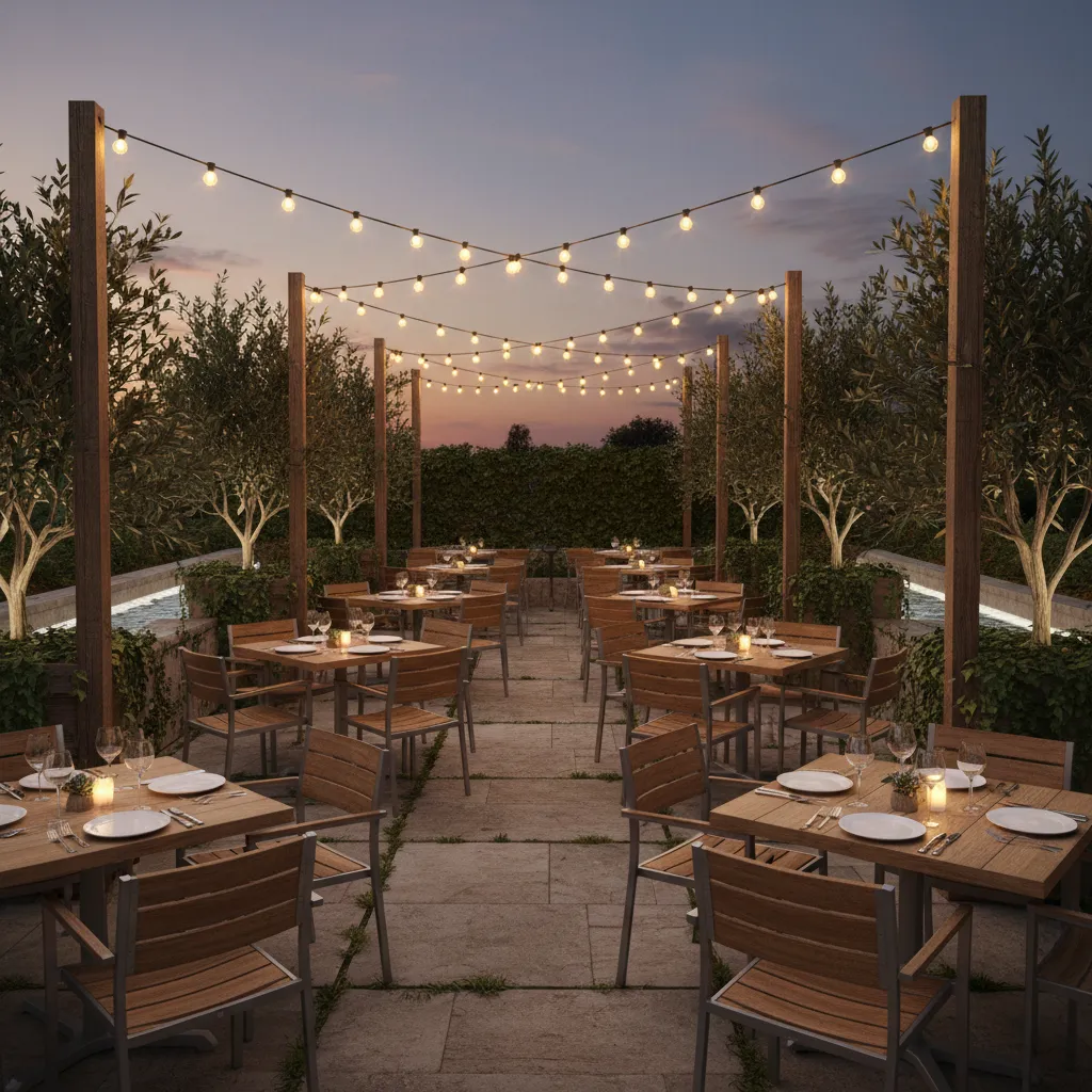 Outdoor restaurant patio with overhead string lights and evening dining setup
