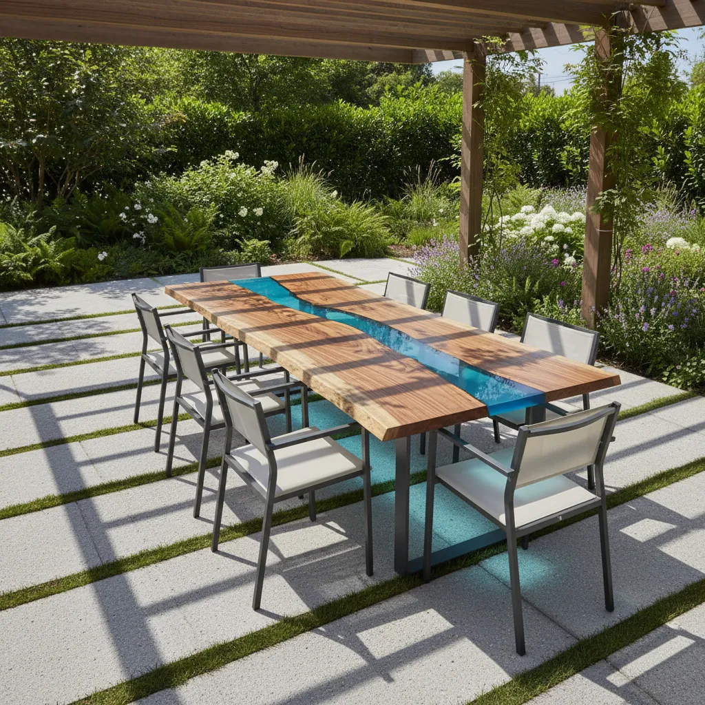 outdoor wood river table with clear epoxy resin centerpiece