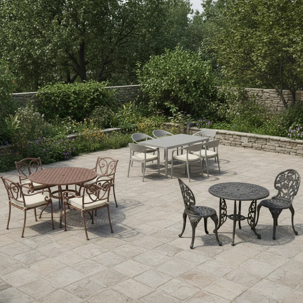 Patio with bronze aluminum and cast iron outdoor furniture for material comparison