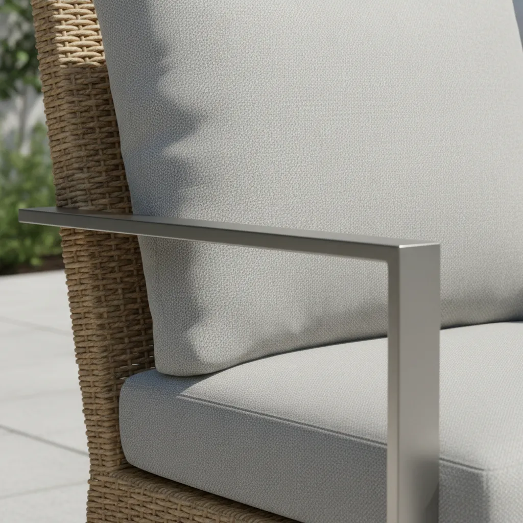 Close view of outdoor furniture materials wicker aluminum and weather resistant cushions