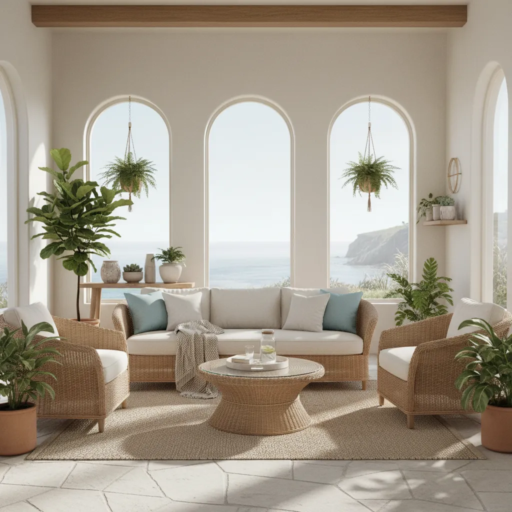Outdoor wicker furniture styled inside a bright sunroom