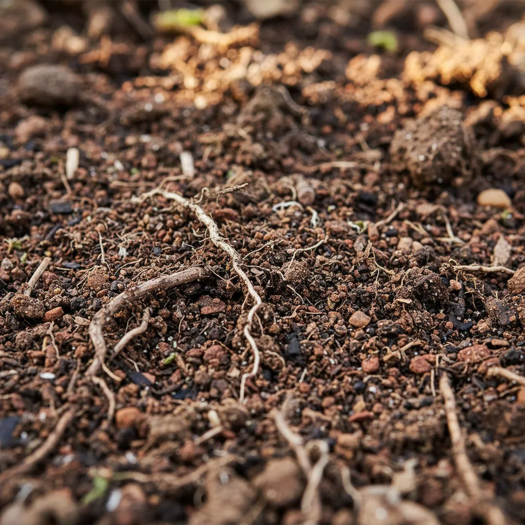 Close view of garden soil showing organic particles and small insects