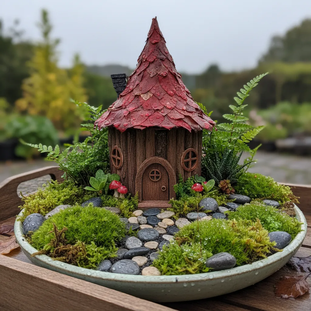 small decorative gnome house placed in a lush garden after rainfall