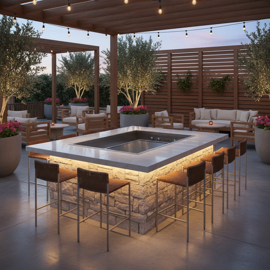 outdoor dining patio with hibachi grill island and bar seating