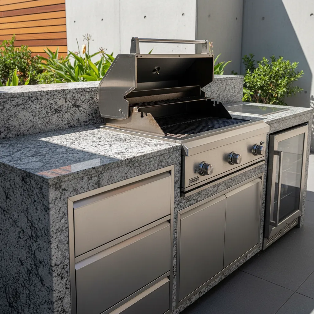 Comparison of stainless steel and stone outdoor kitchen countertops near a grill