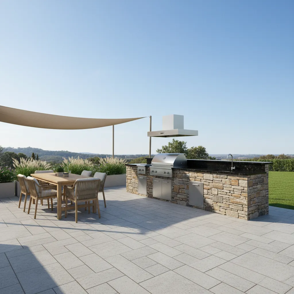 Outdoor kitchen area with porcelain paver flooring and stone base island