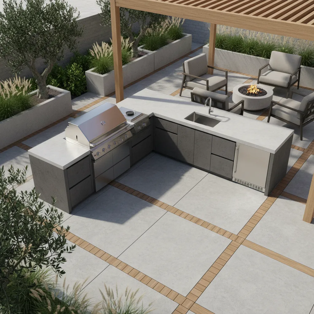 L shaped outdoor kitchen layout with grill and prep zones