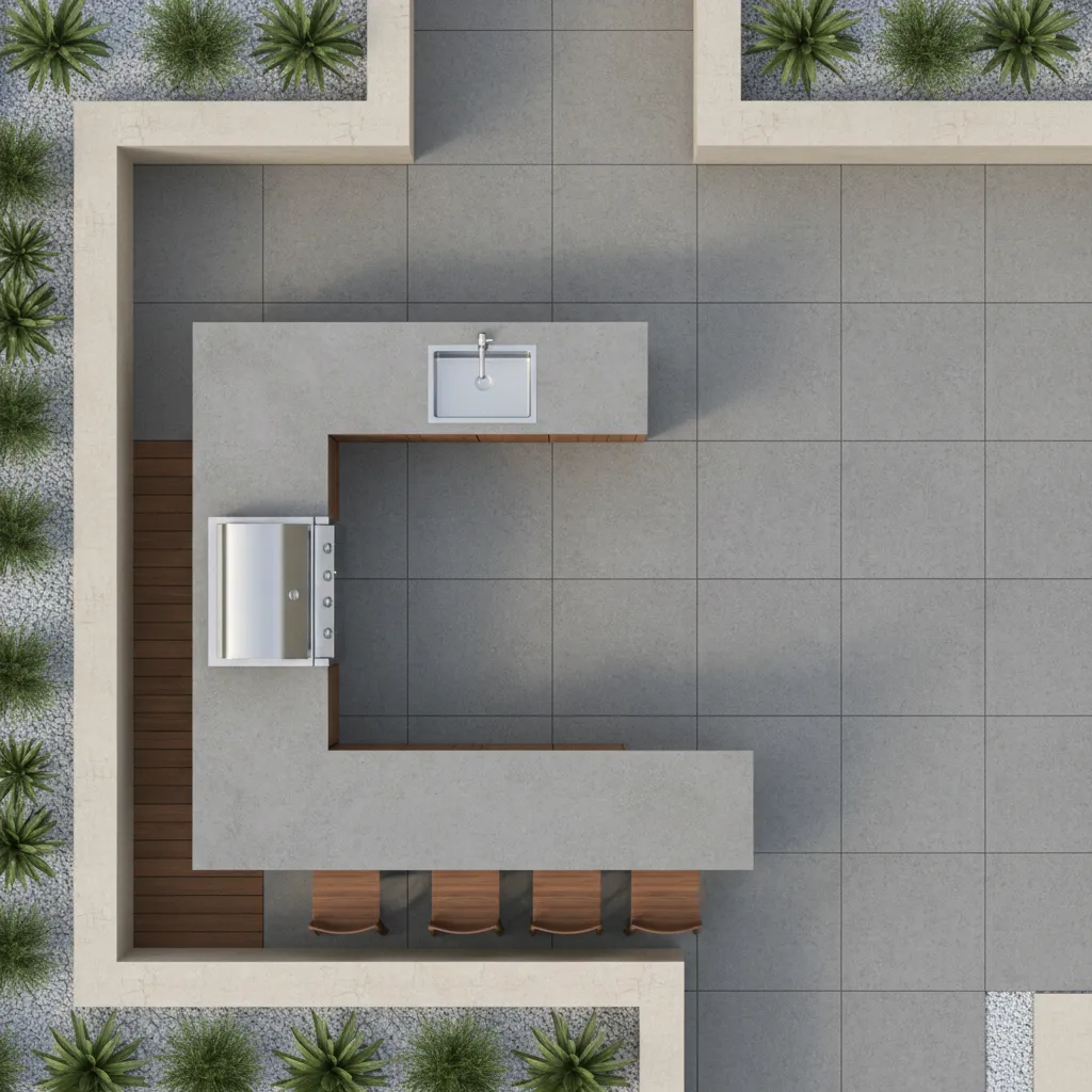 Outdoor kitchen layout planning with grill sink and prep zones