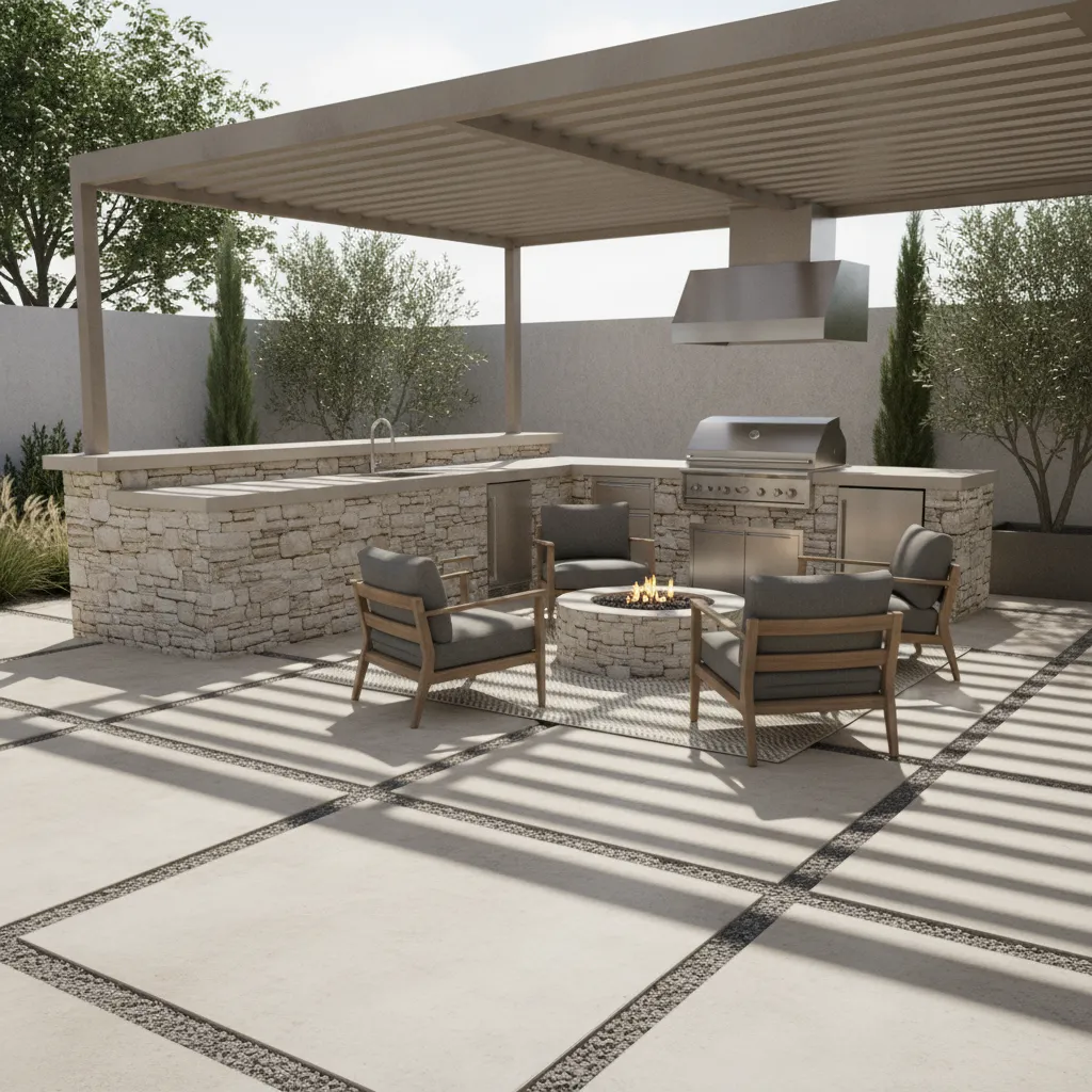 Outdoor kitchen featuring stainless steel grill, stone counters, and durable patio flooring