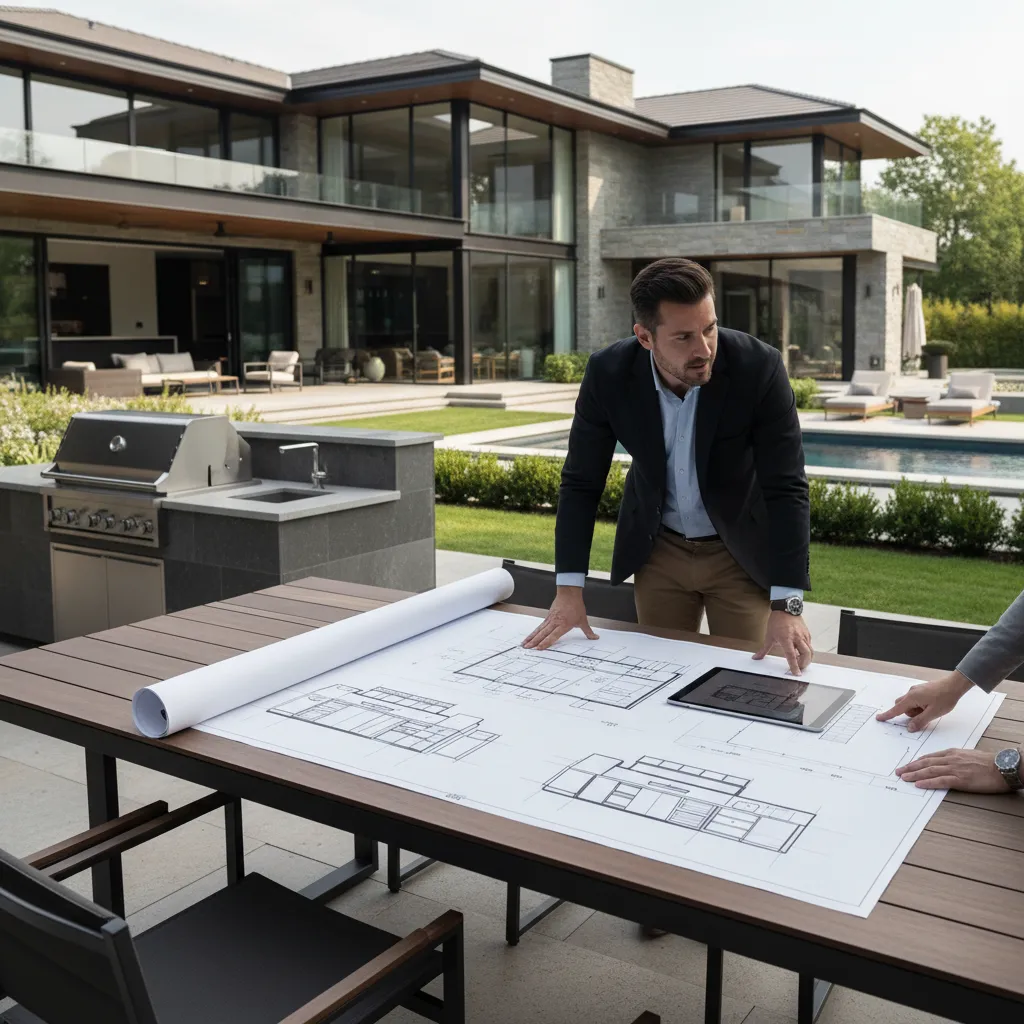 designer reviewing outdoor kitchen layout plans on backyard patio