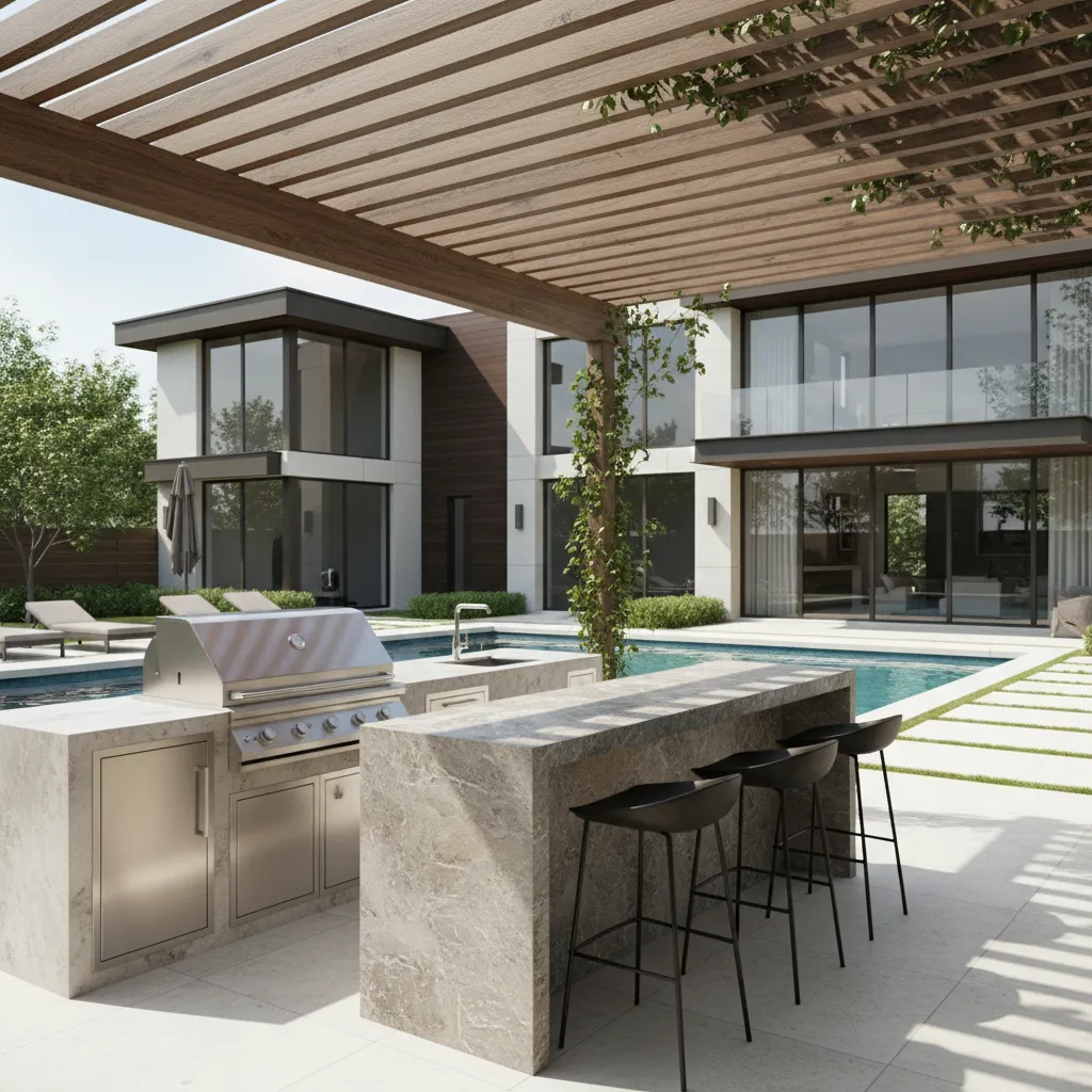 outdoor kitchen located near swimming pool with grill and bar seating
