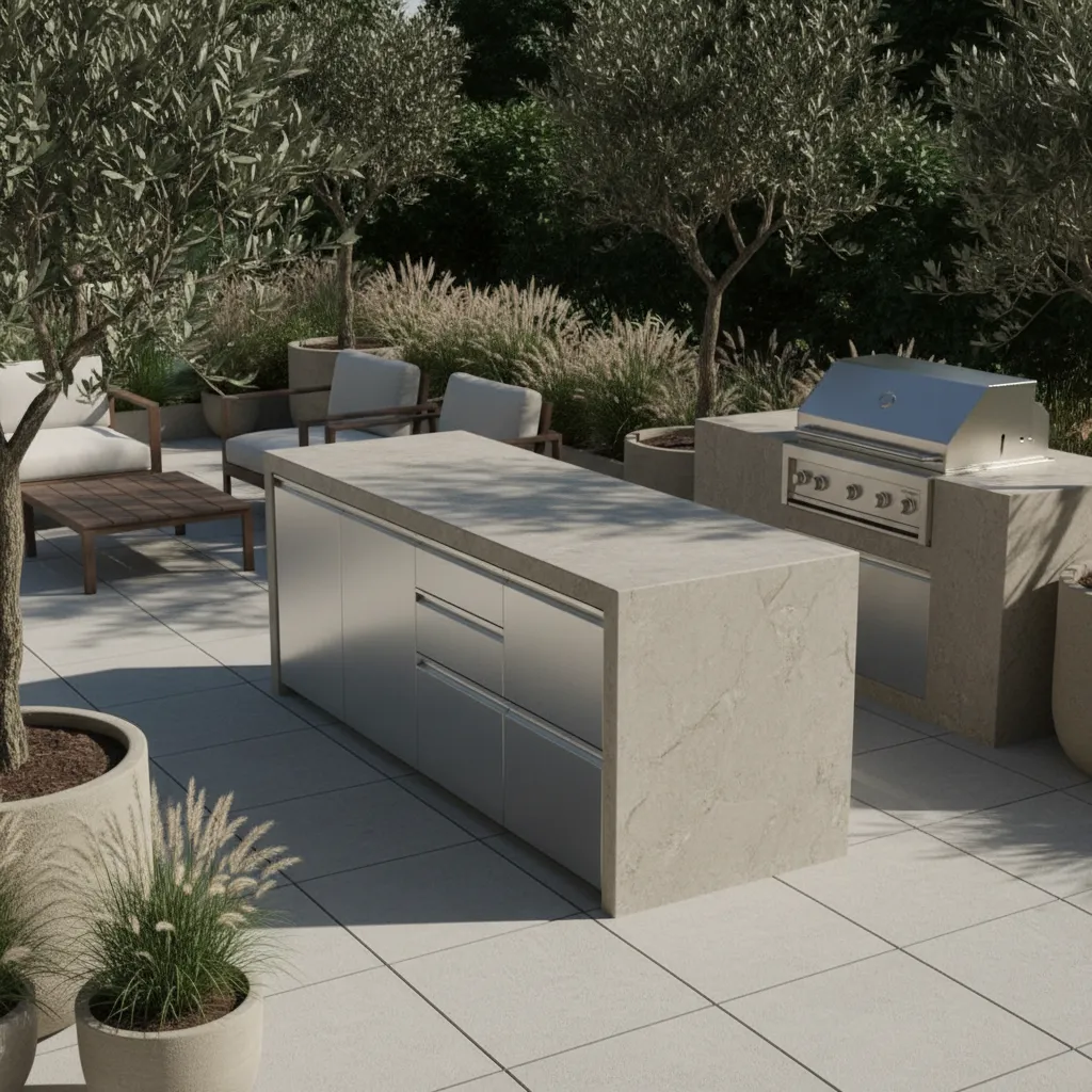 outdoor kitchen prep counter with storage drawers and workspace