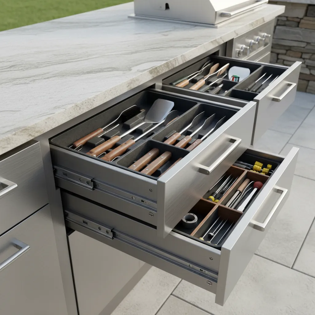 Outdoor kitchen storage drawers and organized grilling tools